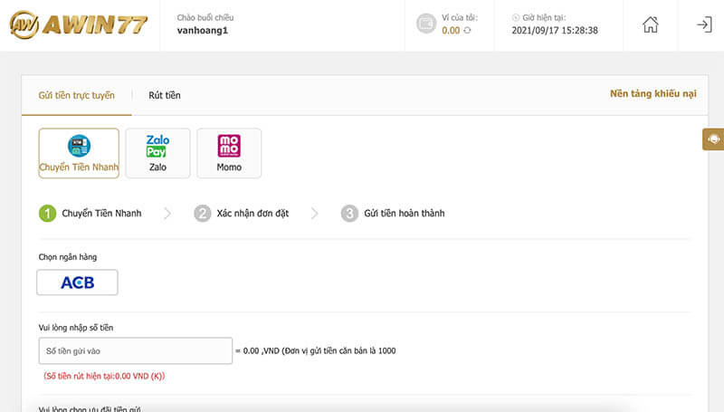 Quy trình nạp rút tiền nhanh chóng tại Awin77